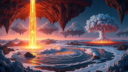 A vibrant fountain illuminates the evening sky under a red aurora, blending orange sunset clouds with the dark blue horizon over a glowing summer landscape