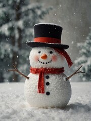 Fototapeta premium Snowman with scarf in winter forest