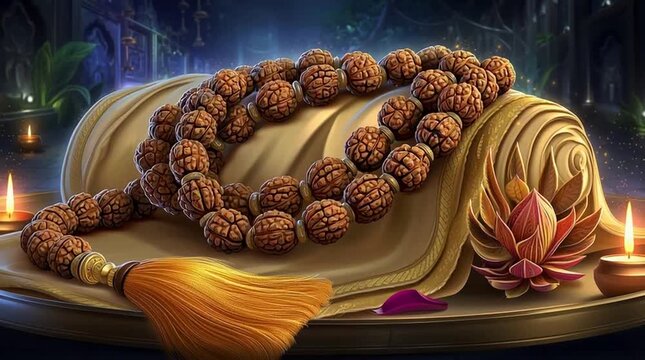 Rudraksha mala beads on sacred cloth spiritual meditation and devotion