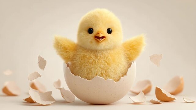 Cute yellow chick hatching from egg with broken shell pieces around