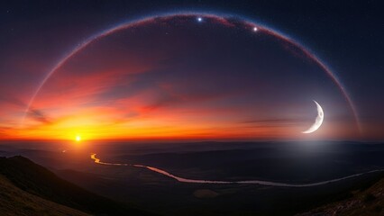 A vibrant nature landscape view of a red and orange sunrise over the sea with light reflecting on water and clouds across the horizon at dusk