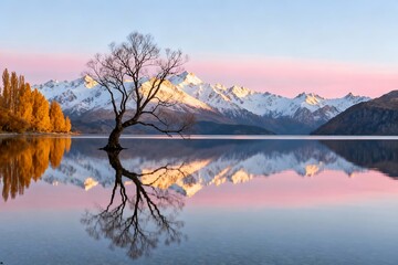 Generative AI Remote Mountain Lake Scene with Reflective Water and Solitary Tree