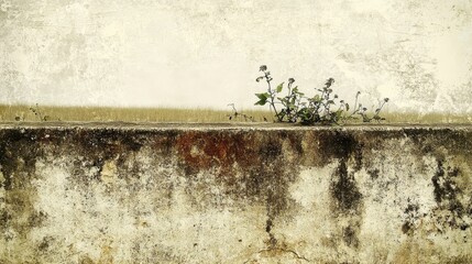 Fototapeta premium A lone plant growing on a weathered concrete wall