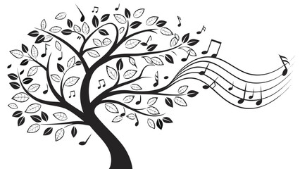 a black tree with musical notes flowing from its branches forming a swirling and artistic silhouette