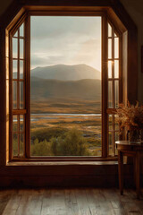 Open window framing mountain valley at sunrise. Cozy home escape concept.