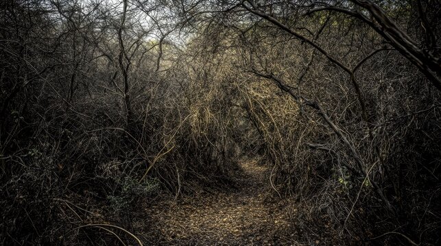 A dense tangled mass of dried thorny vines creates an overgrown archway leading into a dim forest path covered with fallen leaves