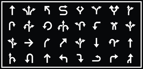 Road Arrow Flat Style Vector Icon Set, Traffic Direction Symbol Collection and Navigation Outline Graphic Group Featuring Turn, Curve and Wayfinding Arrow Signs