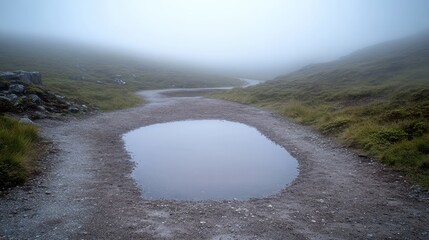 A muddy puddle reflects a dull grey sky on a misty path in the countryside