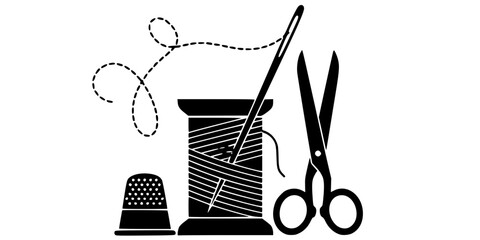Thread Spool and Sewing Needle Vector Silhouette