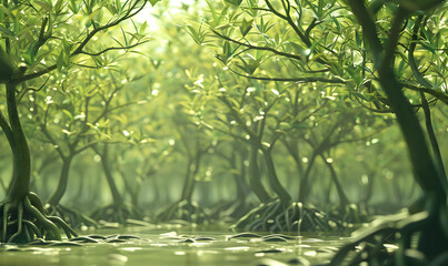 Ultra HD Lush green mangrove forest with visible roots and reflections in the water, serene natural environment image