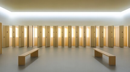 A long row of open wooden lockers with benches in a clean modern interior space