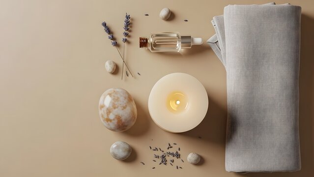 Flat lay arrangement of spa and wellness products for aromatherapy and relaxation - Powered by Adobe