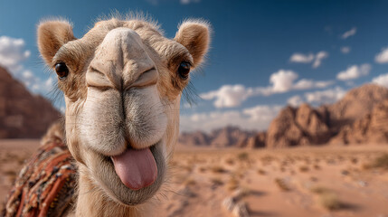 Camel sticking out tongue in desert landscape. Travel adventure concept.