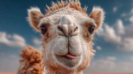 Camel close up making funny face. Desert travel concept.