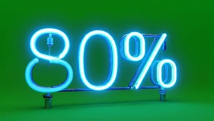 Animated blue neon sign displaying 80 percent on green background, dynamic glowing percentage symbol, vibrant promotional display with advertising and sale and discount