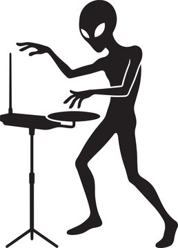 Alien musician playing theremin electronic instrument silhouette with rhythmic dance movement