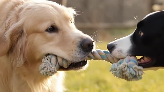 Golden Retriever and Border Collie Play Tug of War with Rope Toy in Sunny Outdoor Setting