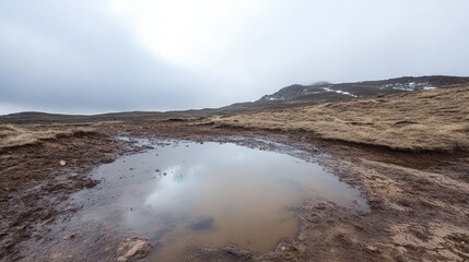 Fototapeta premium A shallow pool of stagnant water reflects the cloudy sky and barren terrain of a desolate landscape