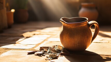 A broken ceramic pitcher rests in scattered shards on a sun-drenched adobe floor with warm light and shadows.