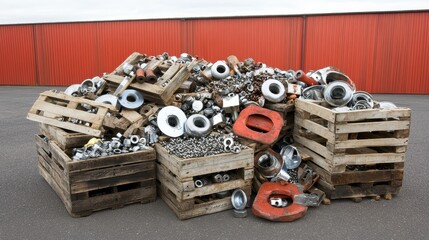 A large pile of assorted scrap metal parts and industrial components overflowing from wooden crates and stacked on a yard