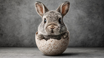 Front view bunny in egg shell on neutral background. Easter concept.