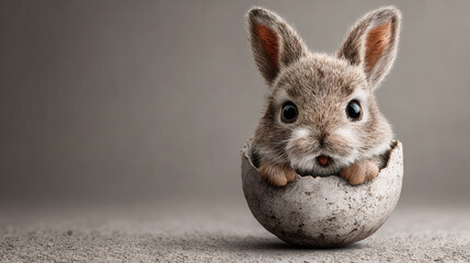 Bunny sitting inside cracked egg shell. Easter holiday concept.