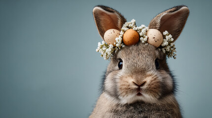 Bunny with spring flower crown and eggs. Easter holiday concept.