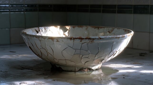 A chipped enamel basin filled with stagnant murky water rests on a reflective surface