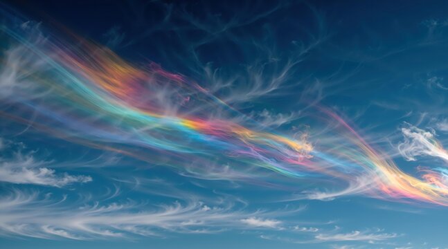 Iridescent polar stratospheric cloud, also known as nacreous cloud, showing vibrant colors in a deep blue sky. Nature background for atmospheric science concept.