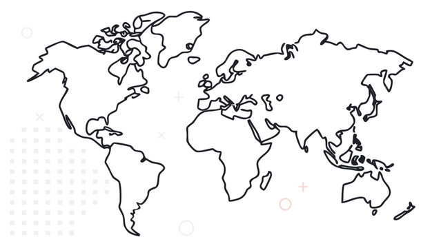 A minimalist black and white outline of the world map with continents and oceans silhouette