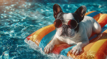 French bulldog floating on colorful pool ring wearing sunglasses. Summer pool party concept.