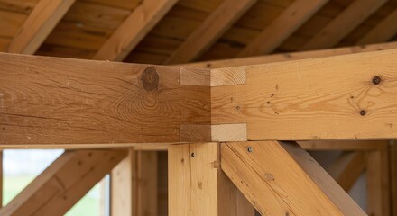 Close-up of wooden beams and joints in a building under construction