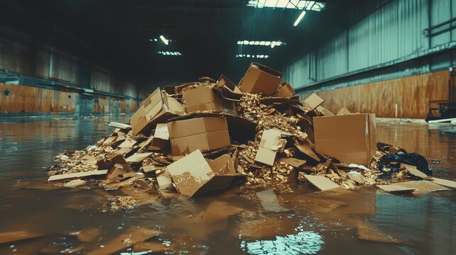 A large pile of waterlogged and partially collapsed cardboard boxes sits in a damp industrial building interior