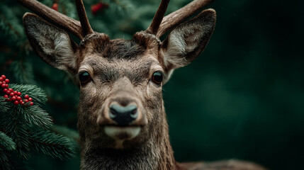 Close up deer in winter forest with evergreen branch. Christmas wildlife concept.