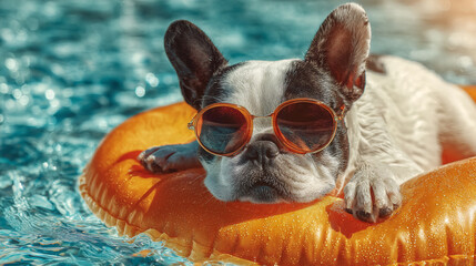 French bulldog close up on orange pool float in water. Summer fun concept.