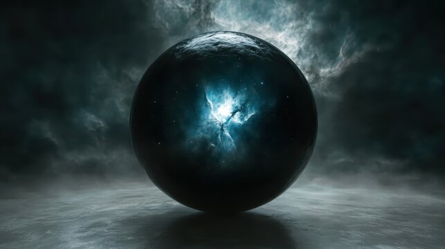 A polished obsidian sphere reflects the radiant glow of a distant cosmic nebula suspended in a dark atmospheric expanse