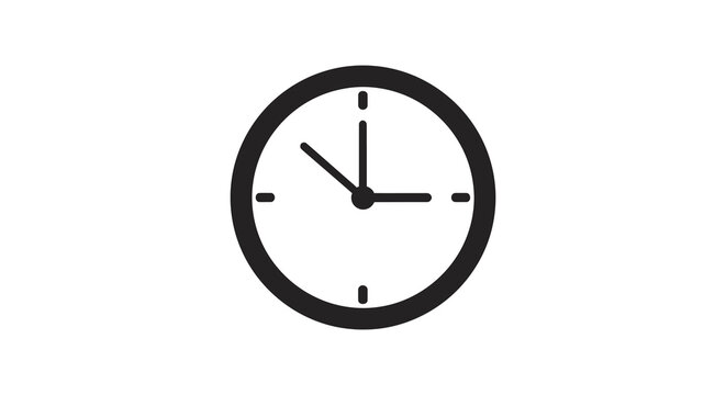 A simple black and white circular clock face design with hands pointing to a specific time silhouette