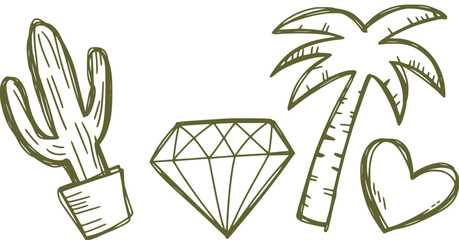 Hand drawn green doodle featuring cactus diamond palm tree and heart