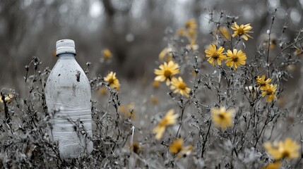 A discarded plastic bottle rests amongst blooming yellow wildflowers in a natural environment
