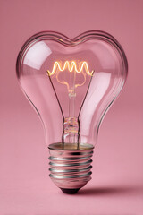Heart shaped light bulb on pink background. Valentine love concept.