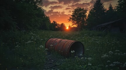 Obraz premium A rusted overturned barrel lies in a grassy field with small white flowers during a beautiful orange sunset