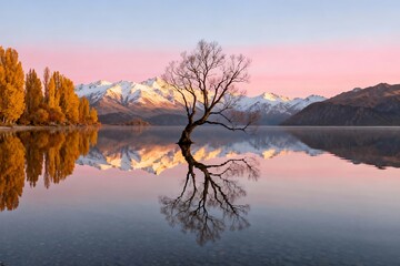 Generative AI Serene Landscape of Snow-Capped Mountains Reflecting Tranquil Lake with Lone Tree at