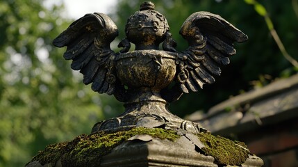 A weathered bronze statue of an angel with wings adorned with moss sits atop a stone pedestal outdoors