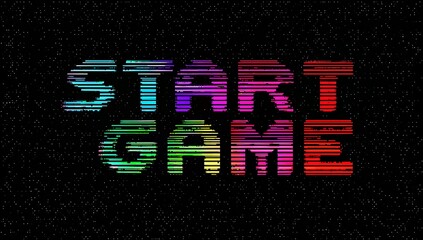 Retro pixelated 'START GAME' text with colorful scanline effect on a dark, grainy background, reminiscent of vintage arcade games.