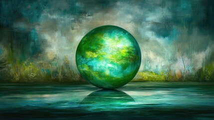 A polished green and blue abstract sphere reflecting on still water with a textured background