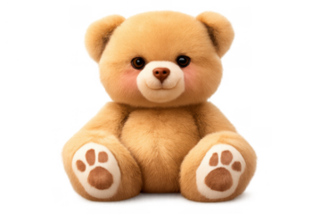 Teddy bear plush toy representing childhood innocence, comfort, happiness, playing, and a soft companion on transparent background