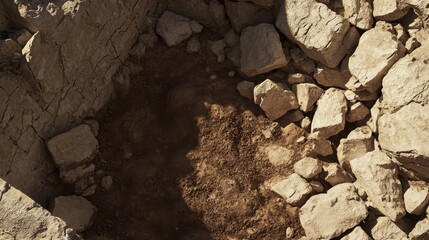 A pile of rough rocks and dirt creating a textured surface with shadows and light