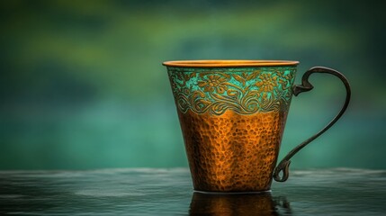 A gleaming copper vessel with ornate embossed floral patterns and a detailed handle sits on a reflective surface with a blurred green background