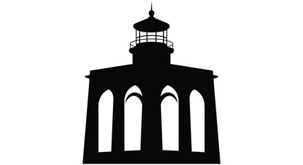 A striking black silhouette of a classic lighthouse with arched windows against a plain white background silhouette © nhpvect02