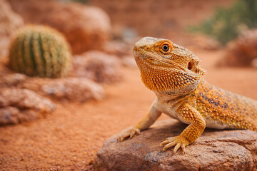 Fototapeta premium Bearded dragon resting on a rock in a warm desert environment representing reptile wildlife and exotic pet nature